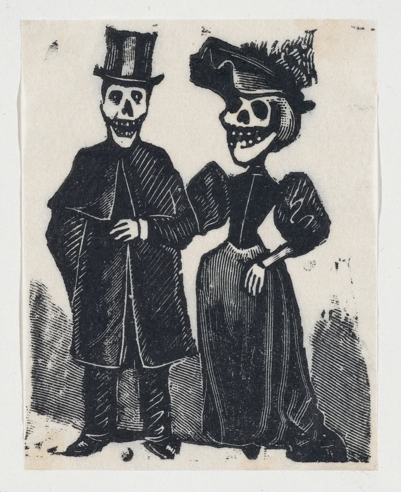 Elegantly dressed male and female skeletons arm in arm (vignette for the feast of the dead)