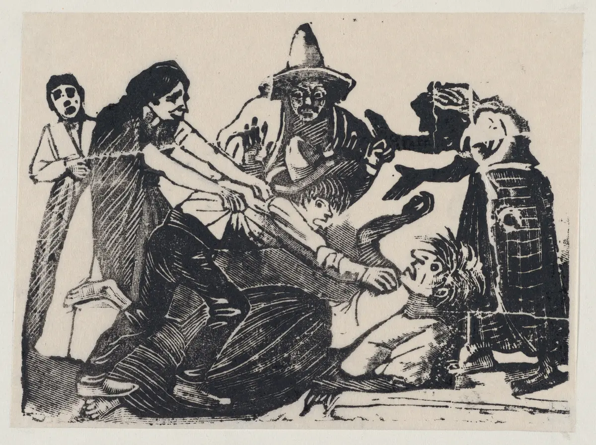 A son strangling his mother while people try to pull him off